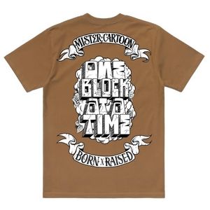 Born x Raised X Mr Cartoon, One Block at a Time Tee in Camel, size Large